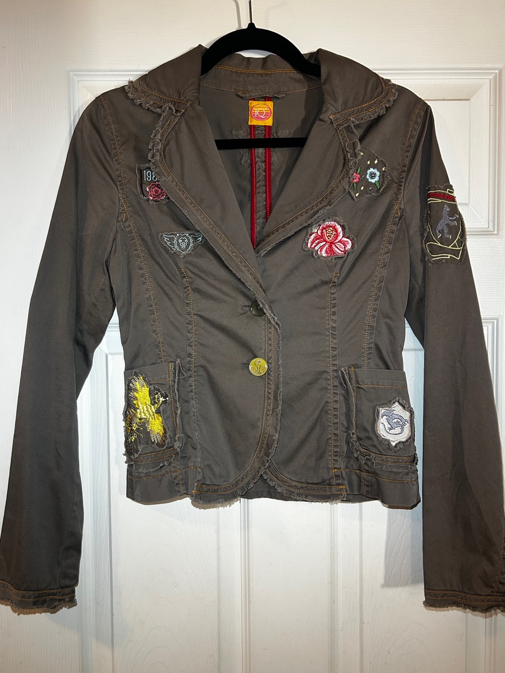 IQ+Berlin Vintage Distressed Cotton Blazer with Patches Military Olive Sz XS